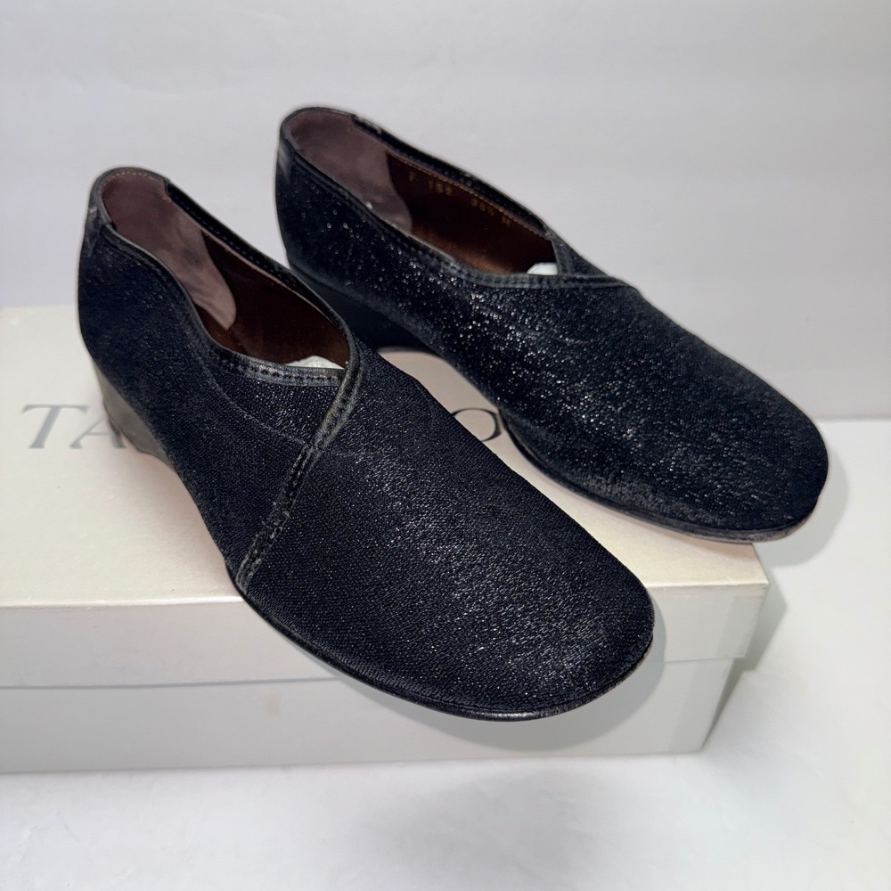 Taryn Rose Kelsey-Lurex Black Shimmer Wedge Pumps Made in Italy Size 36.5